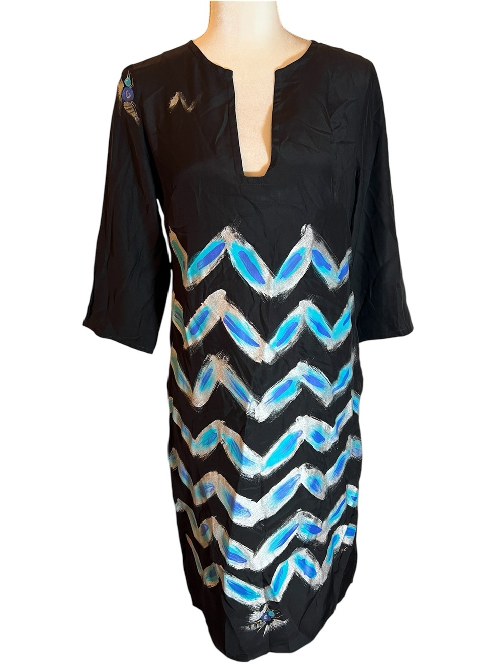 Loup hand painted Black Coverup Tunic with Blue and White Chevron Brushstrokes